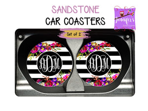 Striped Floral Monogrammed Car Coasters