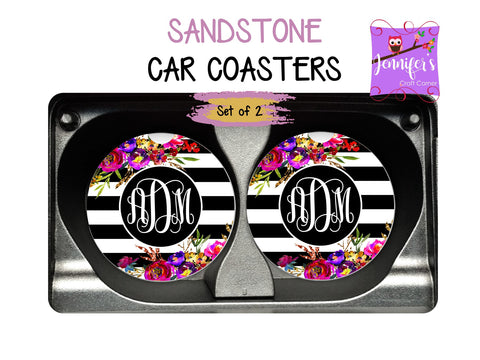 Striped Floral Monogrammed Car Coasters