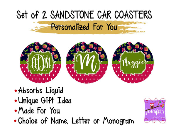 Dots and Flowers Monogrammed Car Coaster