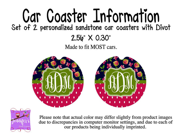 Dots and Flowers Monogrammed Car Coaster