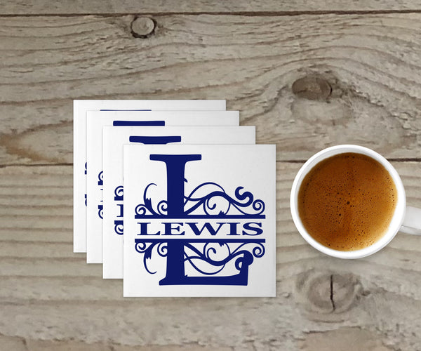Script Initial with Last Name Personalized Tile Coasters