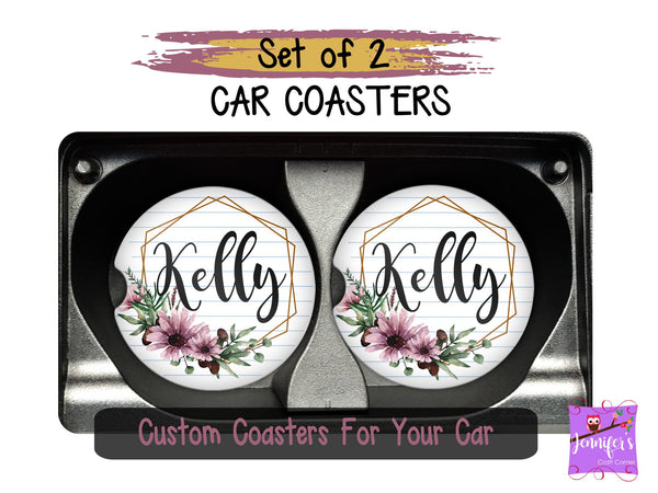 Floral Striped Personalized Car Coasters