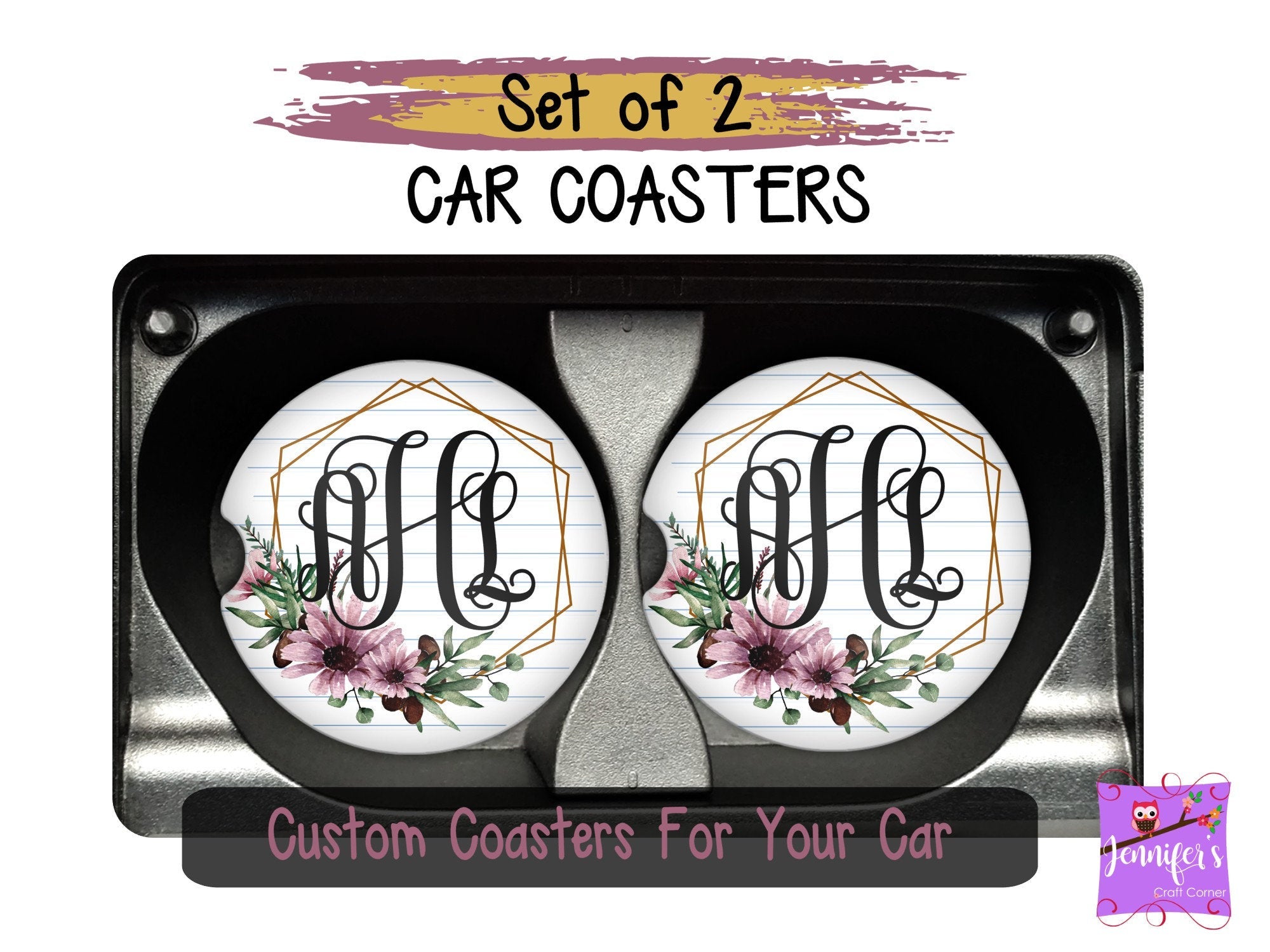 Floral Striped Personalized Car Coasters