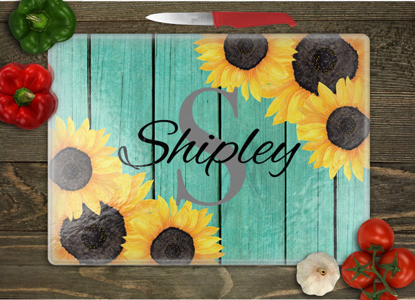 Sunflower Personalized with Initial Glass Cutting Board