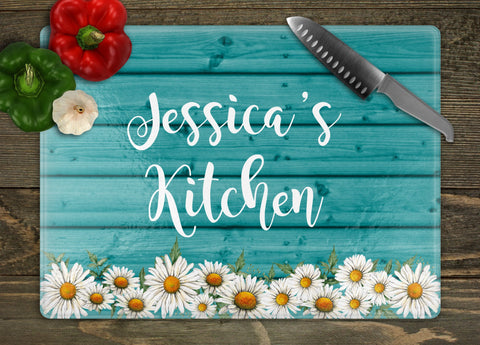 Daisies Below Personalized Glass Cutting Board