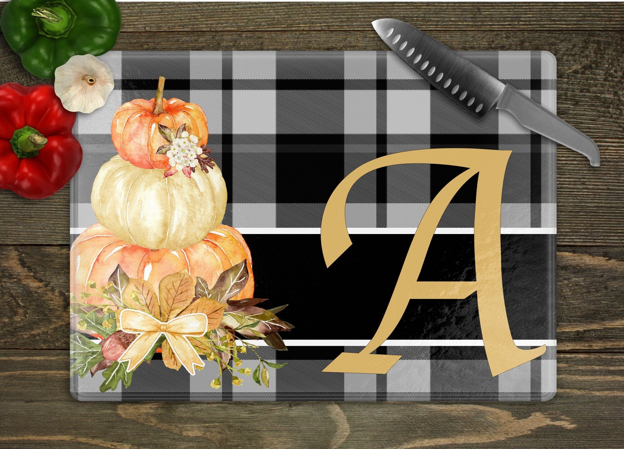 Plaid & Pumpkin Personalized Fall Glass Cutting Board