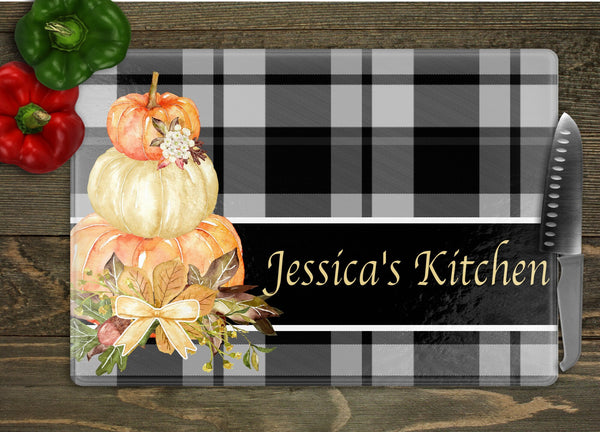 Plaid & Pumpkin Personalized Fall Glass Cutting Board