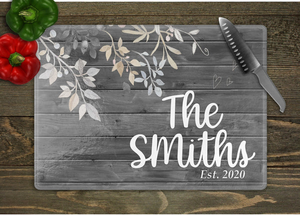 Leaves Personalized Last Name Glass Cutting Board