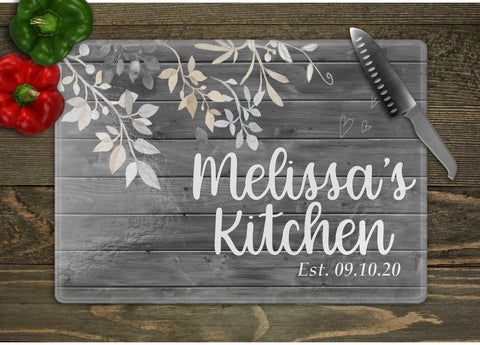 Leaves Personalized Last Name Glass Cutting Board