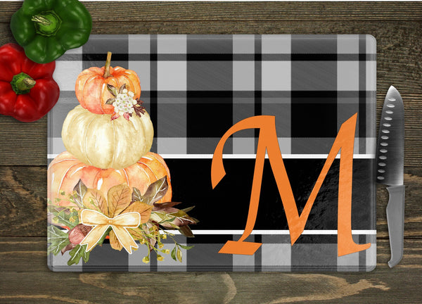 Plaid & Pumpkin Personalized Fall Glass Cutting Board