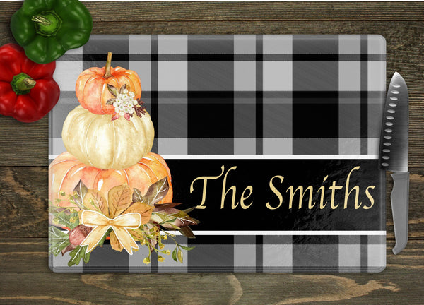 Plaid & Pumpkin Personalized Fall Glass Cutting Board