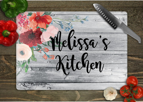 Kitchen with Flowers Personalized Glass Cutting Board