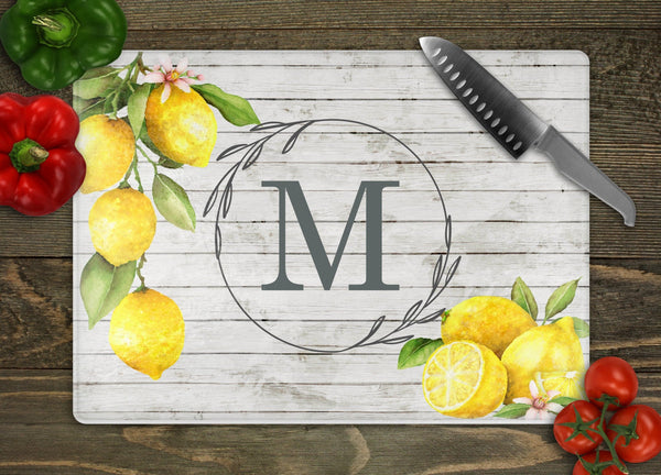 Lemons Initial Personalized Glass Cutting Board
