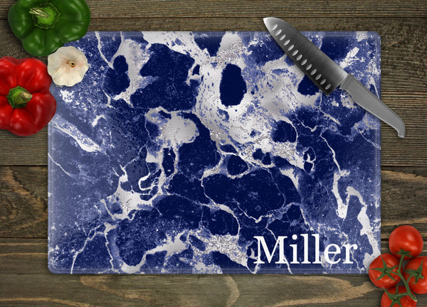 Multicolored Marble Last Name Personalized Glass Cutting Board