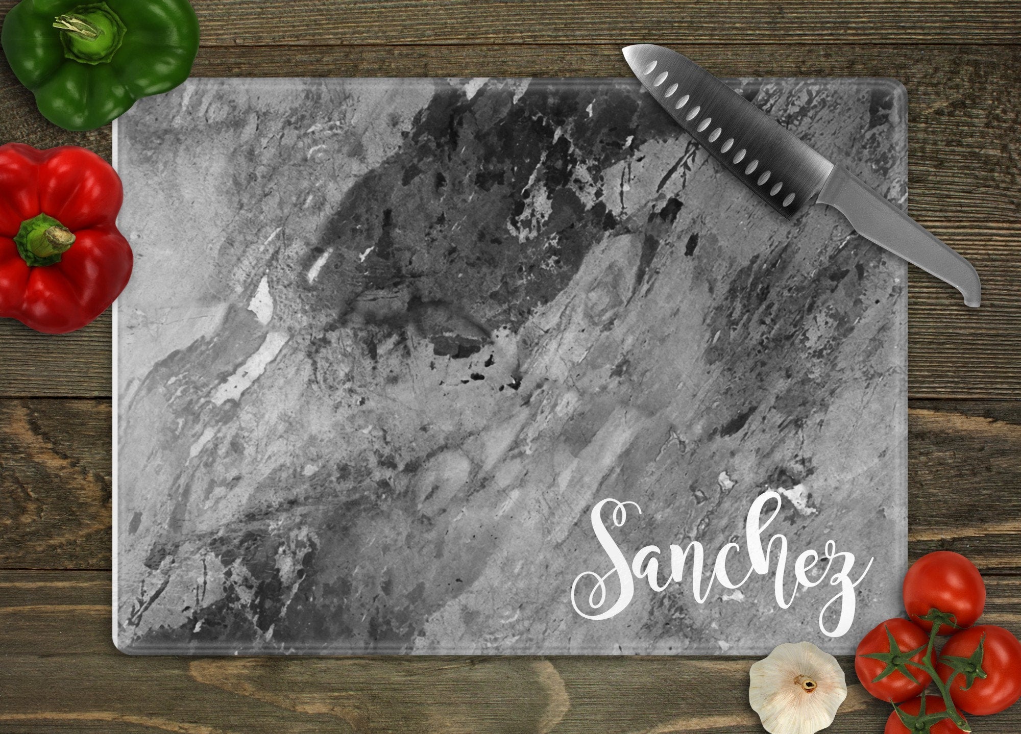 Multicolored Marble Last Name Personalized Glass Cutting Board