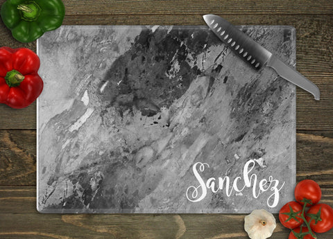 Multicolored Marble Last Name Personalized Glass Cutting Board