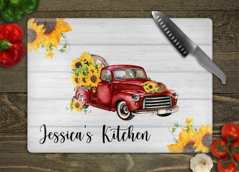 Sunflower Truck Personalized Glass Cutting Board