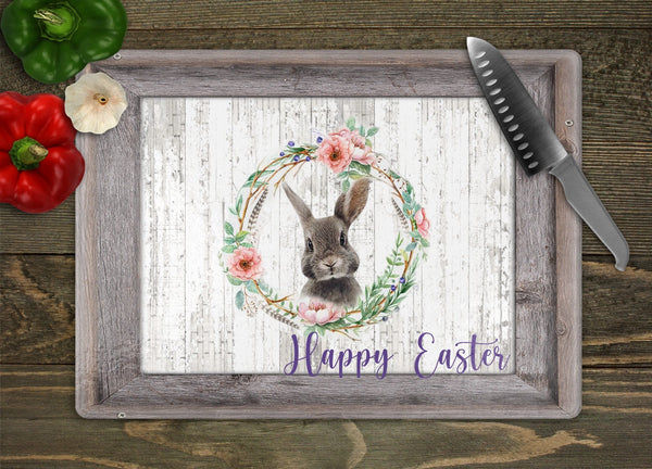 Bunny in Wreath Personalized Glass Cutting Board