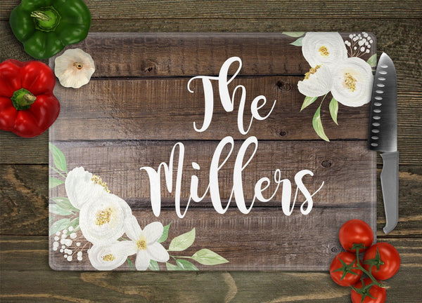 White Flowers Personalized Glass Cutting Board