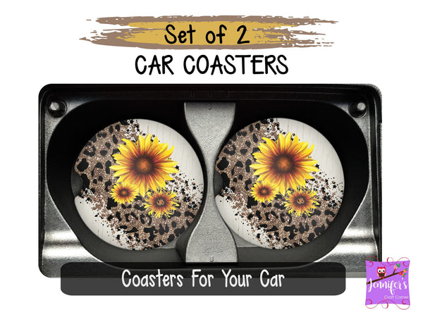 Sunflower Cheetah Print Car Coasters