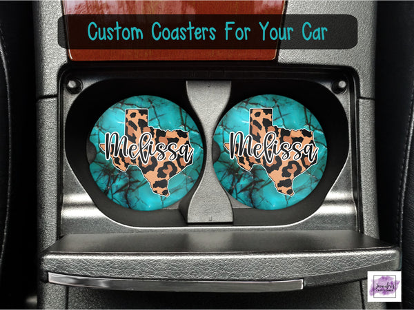 Personalized Leopard Print State Car Coasters - Birthday Gift Her, Mother's Day Gift